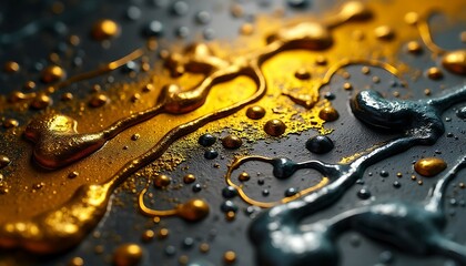 Abstract liquid metal made of gold and silver with a texture of oil spots, glossy highlights, dark background, space effect.