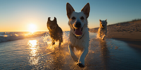 Dogs in the Surf – Candid Beach Scene with Shallow Depth of Field