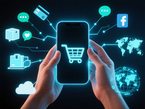 Background image on the theme of mobile commerce, a glowing smartphone in the center, a cart icon, above it, a hologram of icons of cards, delivery, chat, social networks, clouds and a world map diver