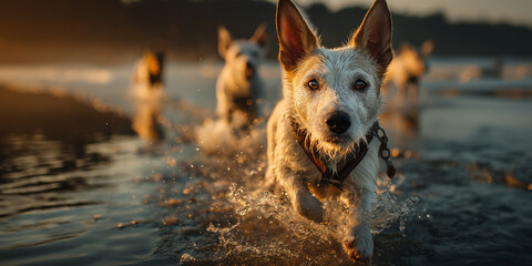 Group of Dogs Playing on the Beach – Lifestyle Moment, Low Focus Shot