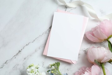 Romantic flat lay witn paper envelope, blank card, peonies, greenery, and a ribbon on marble. Ideal...