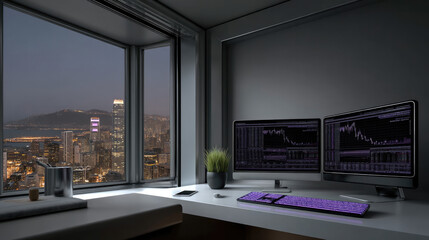 Modern trading desk with dual monitors, cityscape view, illuminated keyboard, and financial charts at night