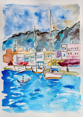 Hand-painted watercolor of Mutrah harbor, Muscat, Oman – colorful Arabian seaside town with boats and mountains