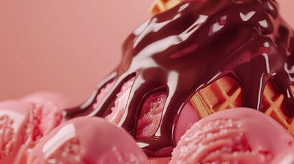 Close-up of pink strawberry ice cream scoops topped with thick chocolate syrup and waffle, creating a sweet and indulgent dessert scene.