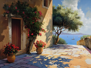 Summer mediterranean landscape oil paint