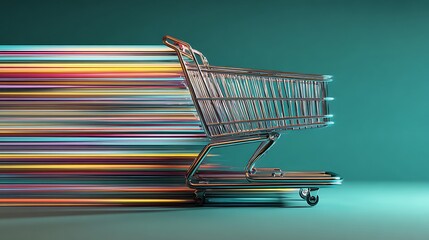 Shopping cart in motion with colorful light streaks against a teal background representing speed and e commerce