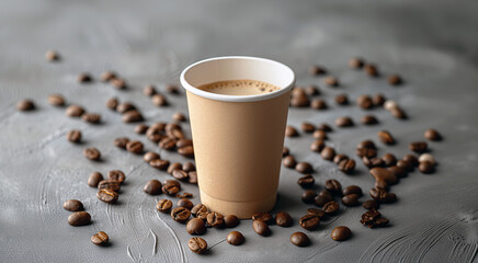 A paper cup filled with coffee sits on a textured surface surrounded by scattered roasted coffee beans, symbolizing takeaway energy and aroma.