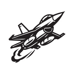 Military fighter aircraft in bold line art style with sharp wings and detailed silhouette form