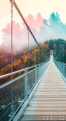 Obraz premium Wooden suspension bridge extends over a valley with vibrant autumn trees and fog. Nature adventure and remote travel concept.