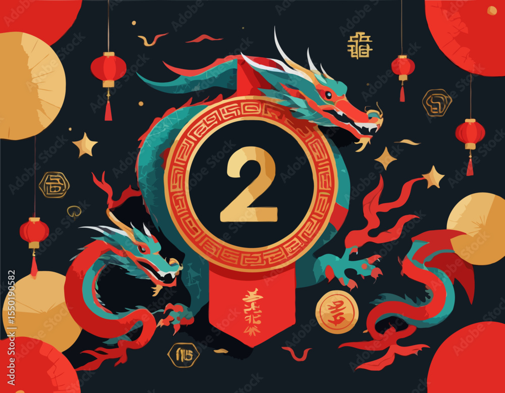 Fototapete banner for chinese new year 2025 in geometric style.card for holiday with dragon and numbers from si