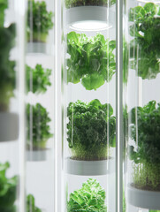 Lettuce growing in vertical farming pods with LED lighting. Futuristic agriculture and sustainable urban food innovation