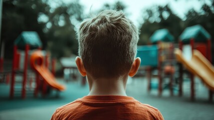 Fototapeta premium A young child stands in front of a colorful playground, contemplating the joyful activities happening around him, showcasing curiosity and a sense of wonder in a vibrant setting.