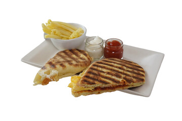 toast with egg, cheese and french fries, isolated on white background