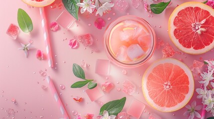 Flat lay of a refreshing pink grapefruit drink with ice, surrounded by citrus slices, flowers, leaves, and candy on a pink background.