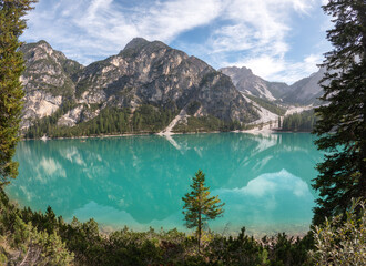 Amazing view of Braies lake and mountains. Dolomites, Alps, Italy