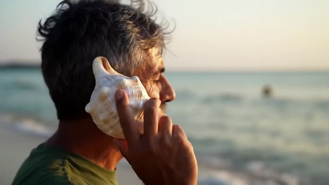 Man holding shell to ear with closed eyes on quiet beach