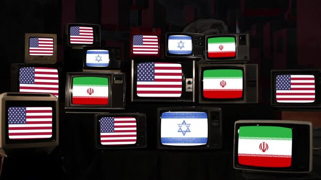 Flags of Iran, United States and Israel on Stacked Retro TVs - Middle East War Conflict Concept - 4K