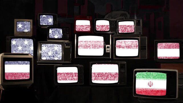 Flags of Iran and United States on Stacked Retro TVs - Middle East War Conflict Concept - 4K