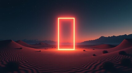 A striking neon frame illuminates the serene desert landscape.