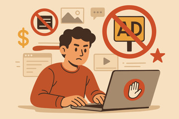 Ad blocking software concept with a frustrated man using a laptop. Blocking annoying online advertising, pop-ups, and banners. Internet security, privacy, and content filtering. Vector.