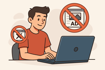 Ad blocking software concept illustration. Young man using a laptop with an ad blocker to stop annoying online advertising, pop-ups, and spam. Internet security and privacy vector.