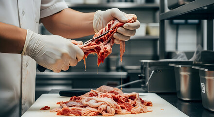 Butcher Prepares Fresh Cut Of Meat In A Professional Kitchen Setting