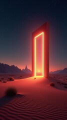 A neon doorway in the desert, bathed in the soft light of a setting sun.