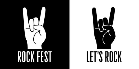 Fototapeta premium Rock Music Festival Graphic Design Featuring Hand Gesture Icon and Bold Typography in Monochrome Style Perfect for Band Posters Merchandise Concert Promotions Stickers and Alternative Music Branding