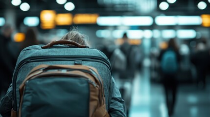 A traveler with a backpack navigates a busy airport, symbolizing journey and movement in a world of constant travel and exploration.