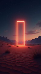 Glowing neon portal stands against desert backdrop at twilight.