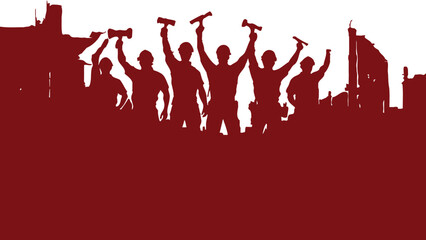 Labor Day Unity Silhouette Poster Featuring Six Workers Holding Tools&mdash;Hammer, Wrench, and Spanner&mdash;Raised Above Their Heads in a Symbolic Display of Solidarity and Strength, Set Against an Industrial 