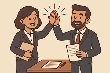Business partners high fiving after successful negotiation and agreement. Happy colleagues celebrating teamwork, collaboration, and achievement. Vector illustration of a sealed deal.