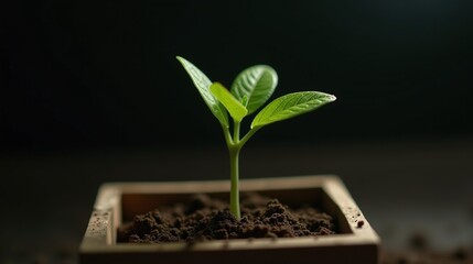 A seedling emerges from fertile soil in a square pot.