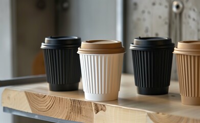 A variety of ribbed takeaway coffee cups in black, white, and beige with matching lids arranged on a modern wooden café surface.
