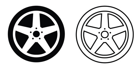Car wheel five spoke rim icon showing filled and outlined vector designs representing automotive components