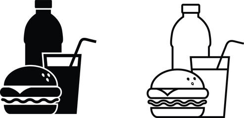 Hamburger, drink in glass, and bottle presented as a dual icon illustration on a white background