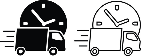 Fast delivery icon illustration showcases delivery truck with clock in black and white