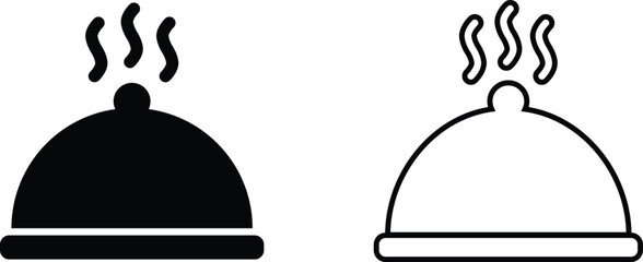 Serving food icons displaying a covered dome with steam, presented in black fill and outline styles