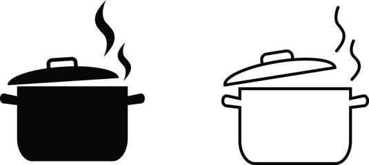 Pot with steam vector icons in black and white, representing cooking, food preparation and kitchen tools