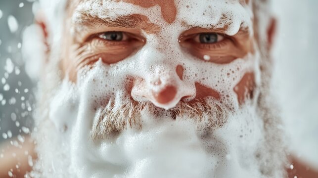 A joyful bearded man playfully covered in foam, capturing a light-hearted and humorous moment that evokes laughter and positivity in an unexpected setting.