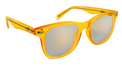 Stylish yellow sunglasses with plastic frames, classic design, folded slightly, fashion accessory. Isolated on transparent background.