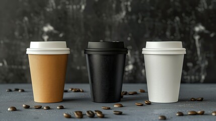 Single paper coffee cup with black lid and roasted beans on a dramatic dark background, ideal for modern branding and advertising use.