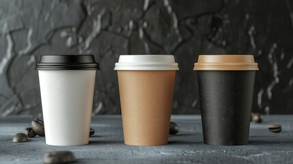 Disposable coffee cup on a dark surface with scattered beans, representing morning energy, work routine, and daily caffeine habits.