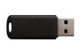Close-up of a black usb flash drive, isolated on a transparent background, ready for data storage and transfer