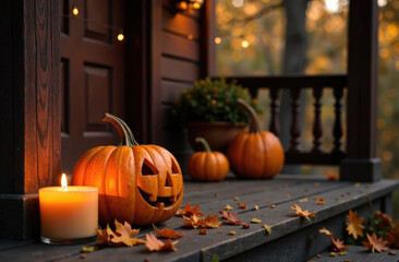House entrance decorated for traditional autumn holidays. Porch of the house decorated with pumpkins, flowers, and candles for Thanksgiving or Halloween. Selective focus.