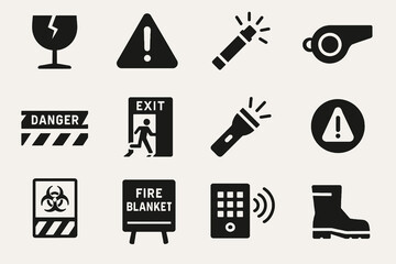 Emergency and hazard icons including danger signs, whistle, exit door, flashlight, fire blanket, and biohazard symbol.