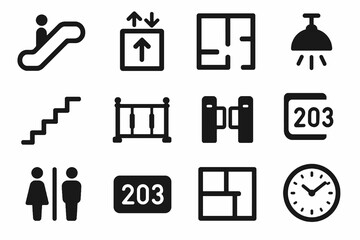 Black solid building signage icons with elevator, stairs, lamp, floor number, toilet, and clock symbols for facility guidance. © VectorGomes