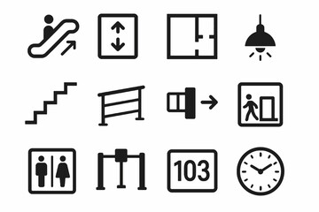 Building signage icons in black style including escalator, stairs, lamps, toilet, room number, and exit signs used for interior navigation systems. © VectorGomes