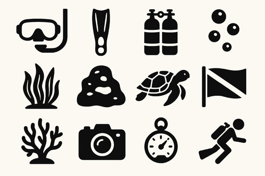 Underwater diving icons including snorkel, fins, tanks, turtle, camera, corals, stopwatch, diver, and dive flag.