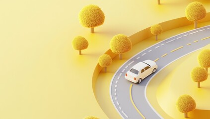 Minimalist, 3D rendered scene of a winding road with a small white car and yellow trees